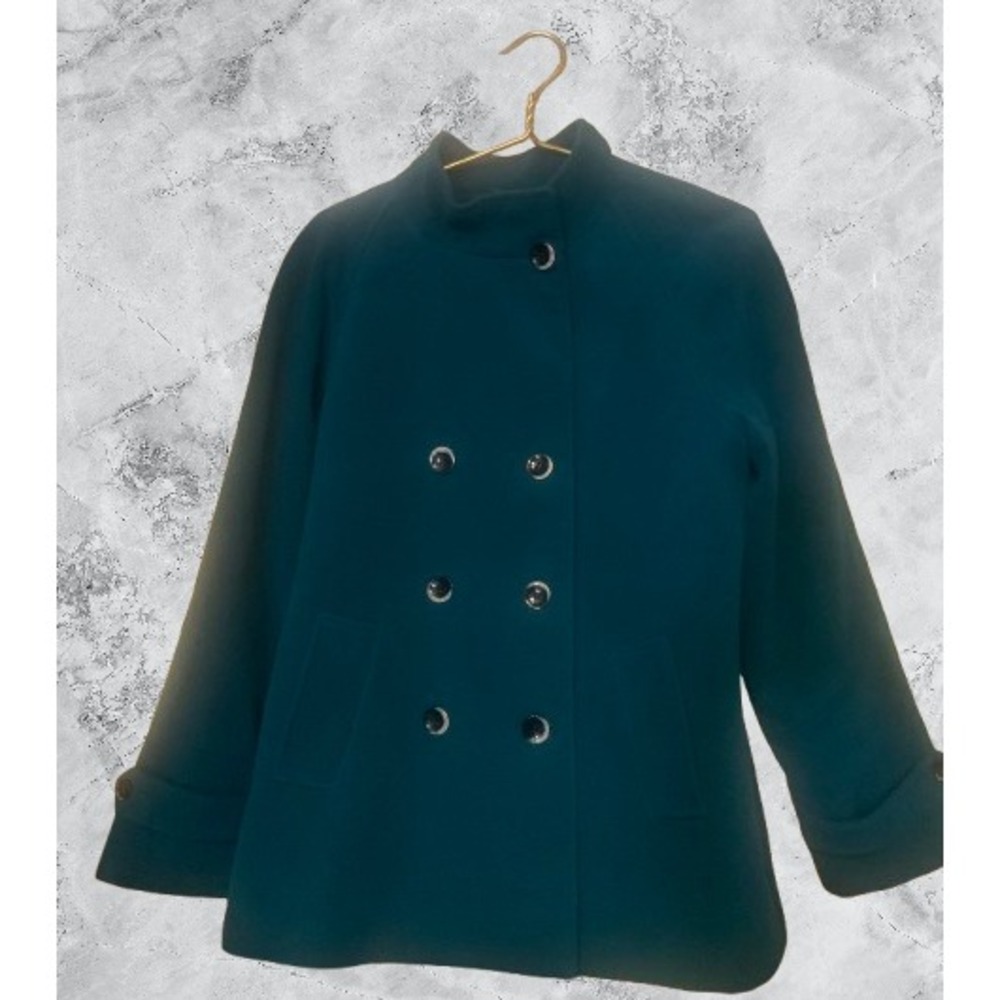 Evan-Picone Mens Teal Blue Double Breasted Stretch Pea Coat Mock Neck Jacket M